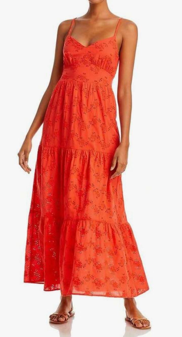 AQUA Eyelet Tiered Maxi Sundress Dress Orange Medium